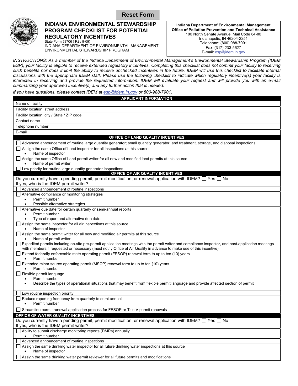 State Form 53706 Indiana Environmental Stewardship Program Checklist for Potential Regulatory Incentives - Indiana, Page 1