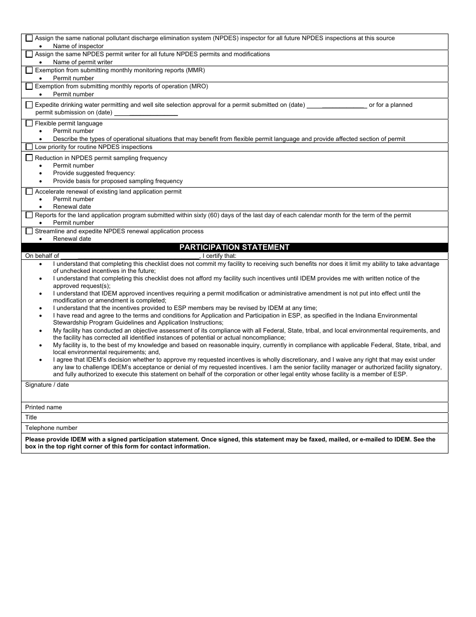 State Form 53706 Indiana Environmental Stewardship Program Checklist for Potential Regulatory Incentives - Indiana, Page 2