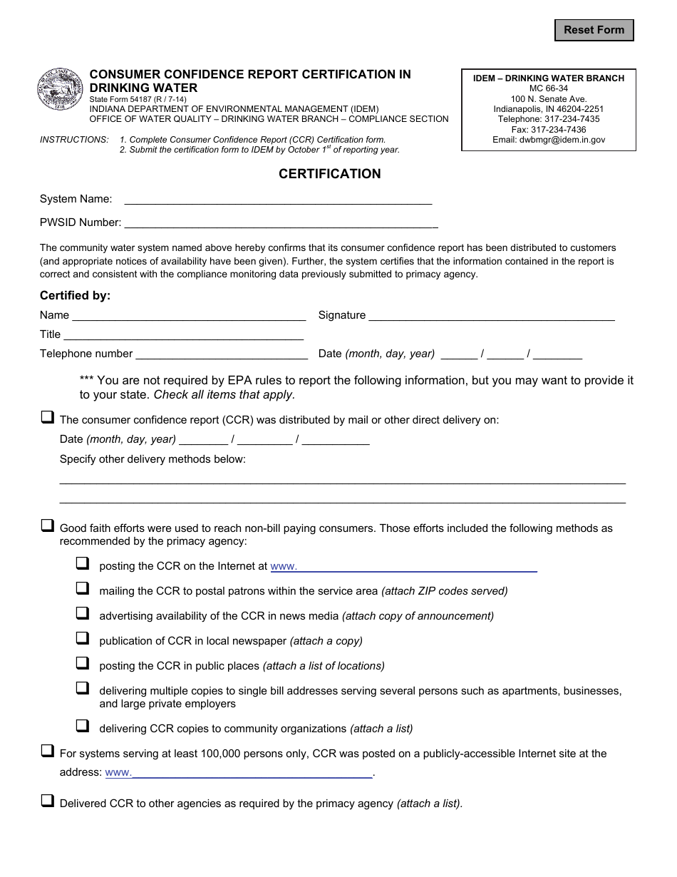State Form 54187 Consumer Confidence Report Certification in Drinking Water - Indiana, Page 1