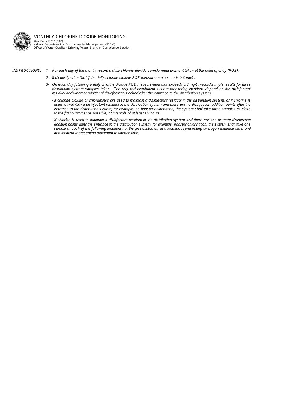 State Form 53282 Monthly Chlorine Dioxide Monitoring - Indiana, Page 1