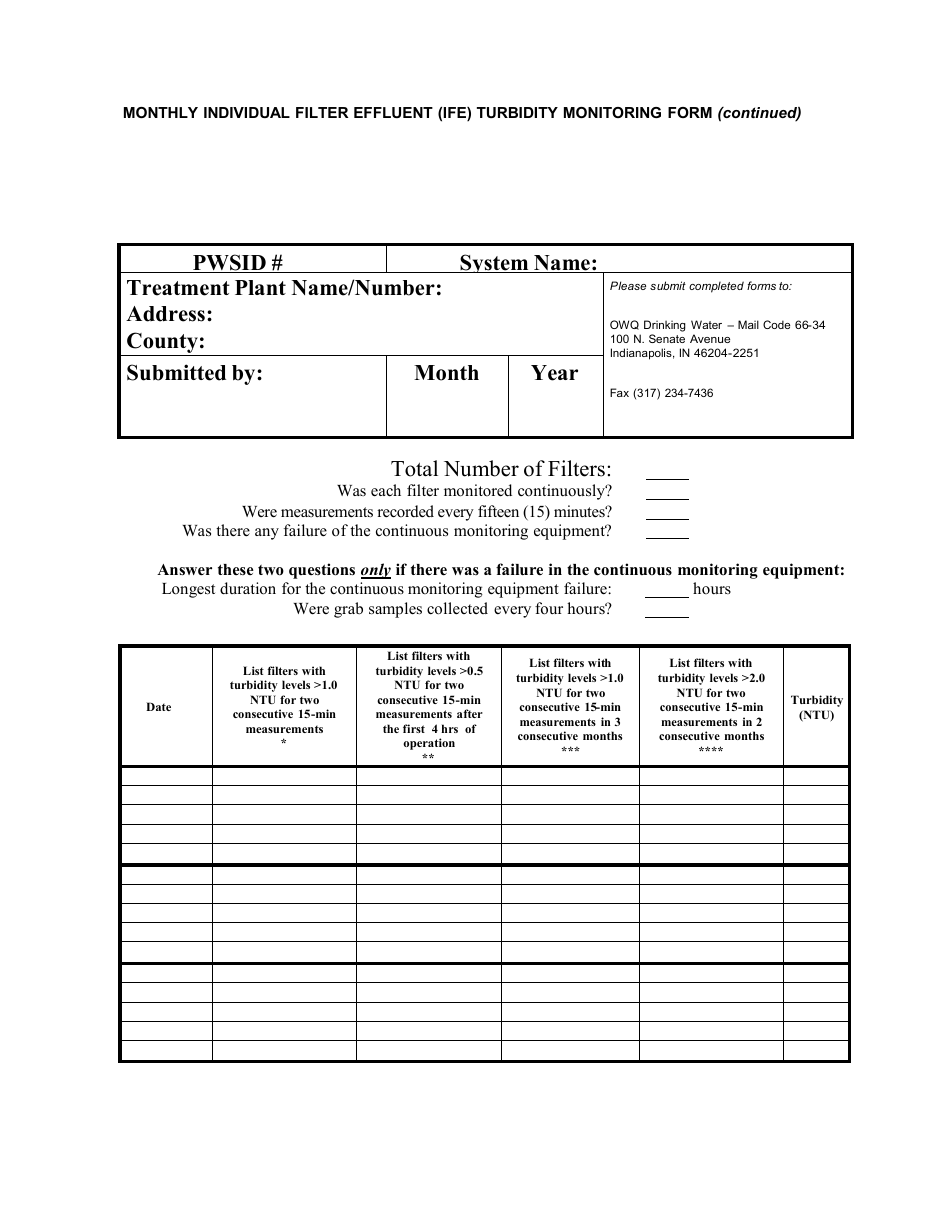 State Form 53293 Monthly Individual Filter Effluent (Ife) Turbidity Monitoring - Indiana, Page 2