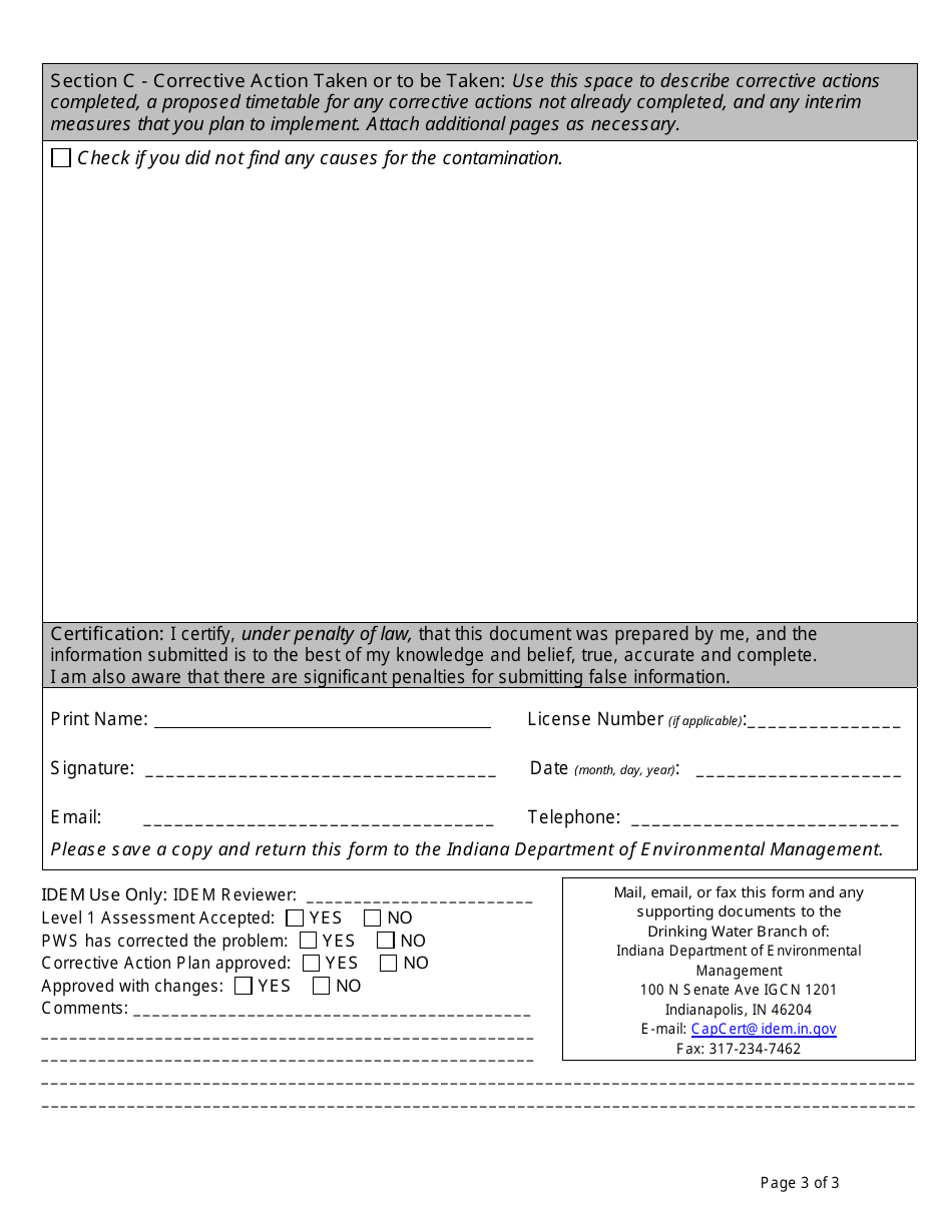 State Form 52998 Level 1 Assessment - Non-transient Non-community (Ntnc) or Community Public Water System (Pws) - Indiana, Page 3