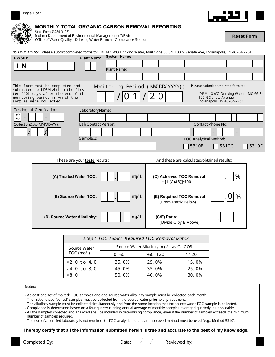 State Form 53284 Monthly Total Organic Carbon Removal Reporting - Indiana, Page 1