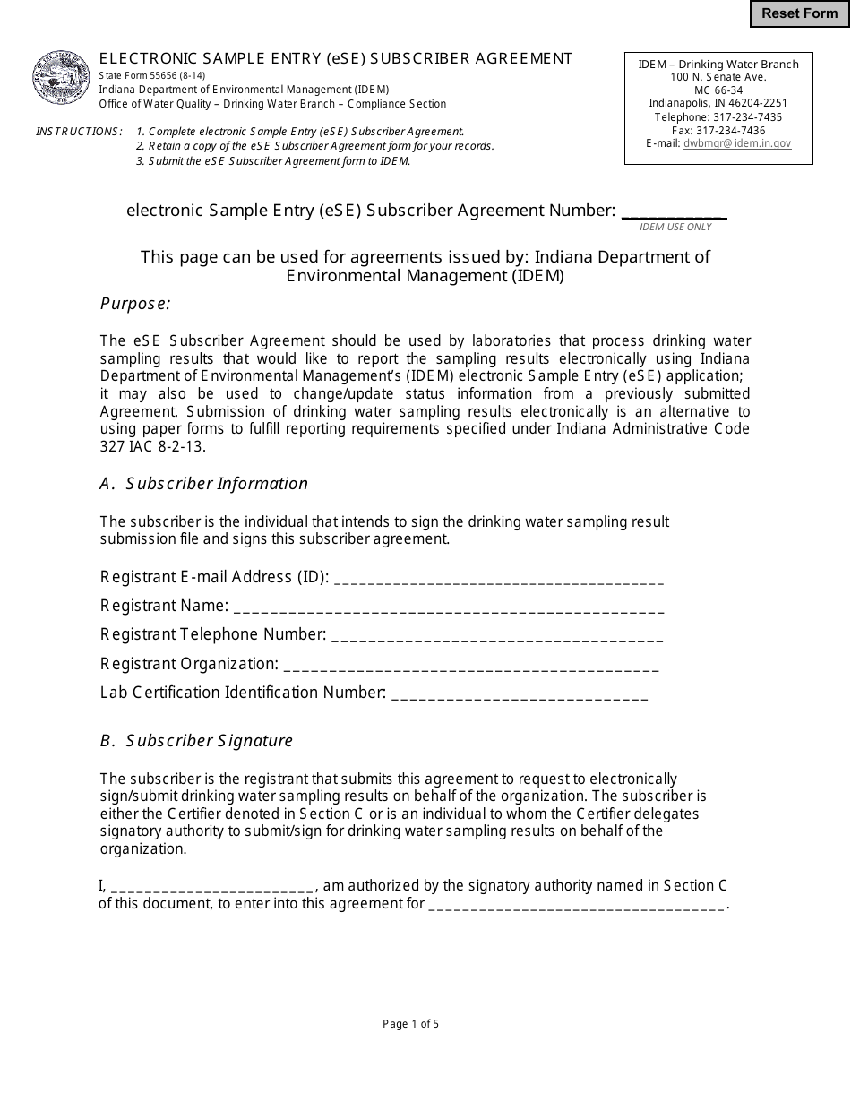 State Form 55656 Electronic Sample Entry (Ese) Subscriber Agreement - Indiana, Page 1