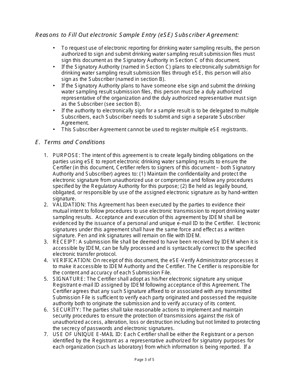 State Form 55656 Electronic Sample Entry (Ese) Subscriber Agreement - Indiana, Page 3