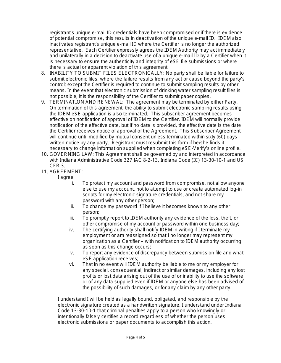 State Form 55656 Electronic Sample Entry (Ese) Subscriber Agreement - Indiana, Page 4