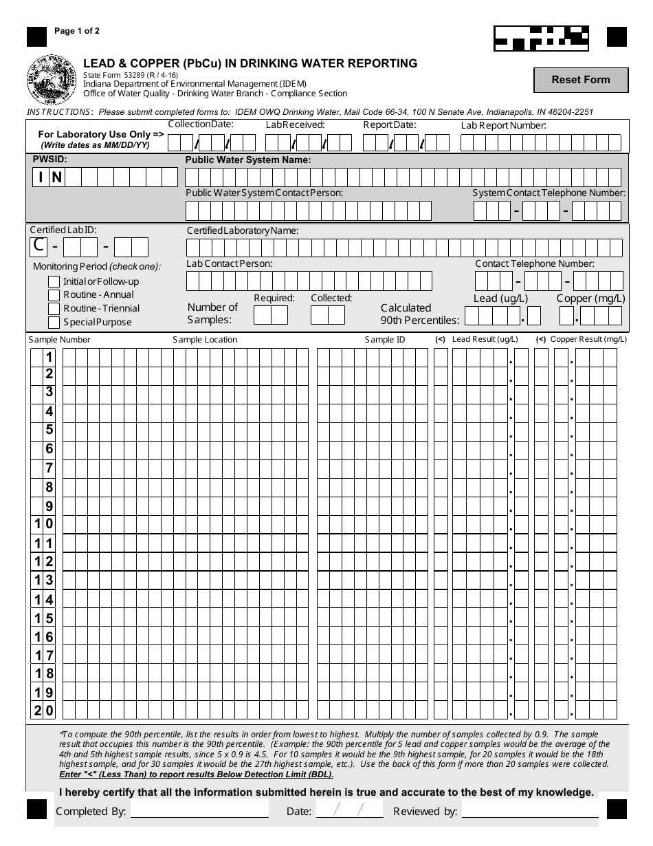 State Form 53289 Lead  Copper (Pbcu) in Drinking Water Reporting - Indiana, Page 1