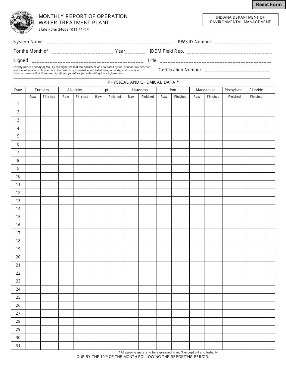 State Form 34609 Monthly Report of Operation Water Treatment Plant - Indiana, Page 1