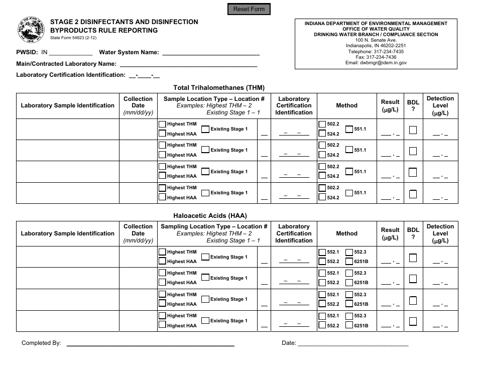 State Form 54923 Stage 2 Disinfectants and Disinfection Byproducts Rule Reporting - Indiana, Page 1