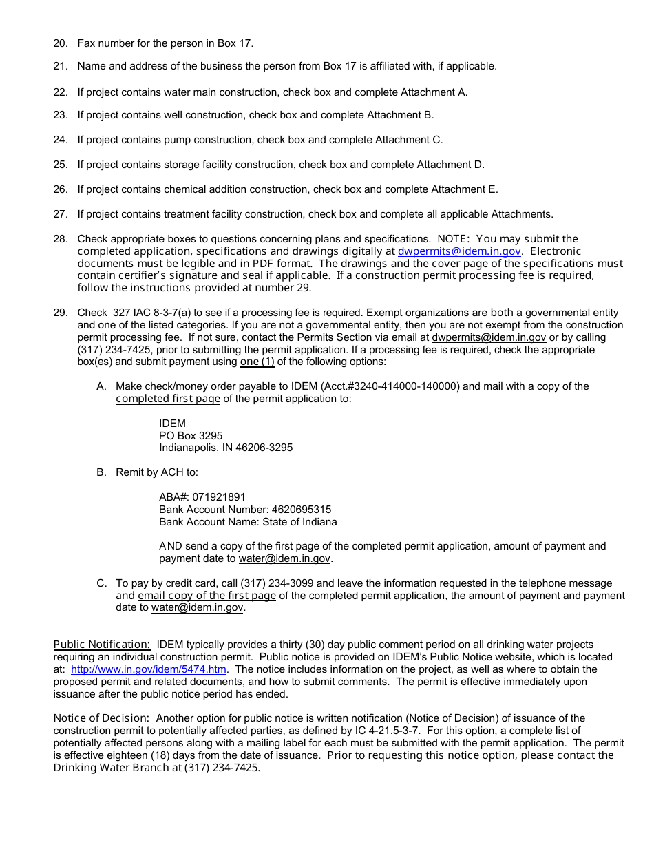State Form 35058 Application for Construction Permit for Public Water System - 327 Iac 8-3-3 - Indiana, Page 2