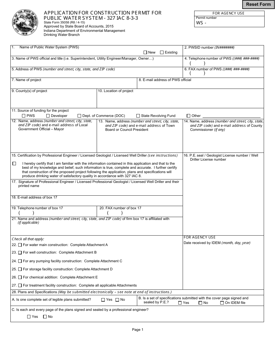 State Form 35058 Application for Construction Permit for Public Water System - 327 Iac 8-3-3 - Indiana, Page 3