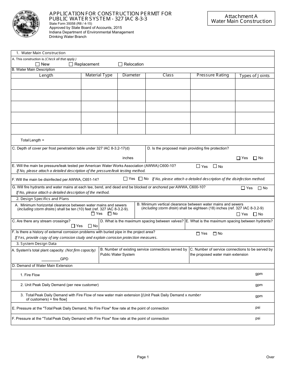 State Form 35058 Application for Construction Permit for Public Water System - 327 Iac 8-3-3 - Indiana, Page 5