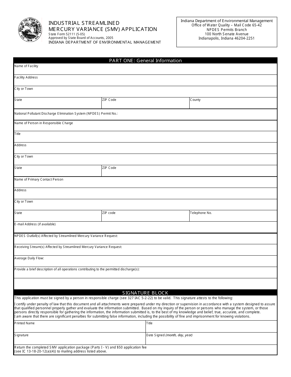 State Form 52111 Industrial Streamlined Mercury Variance (Smv) Application - Indiana, Page 1