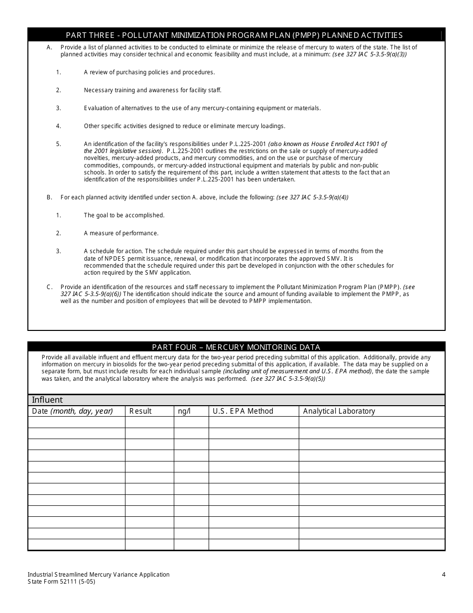 State Form 52111 Industrial Streamlined Mercury Variance (Smv) Application - Indiana, Page 4