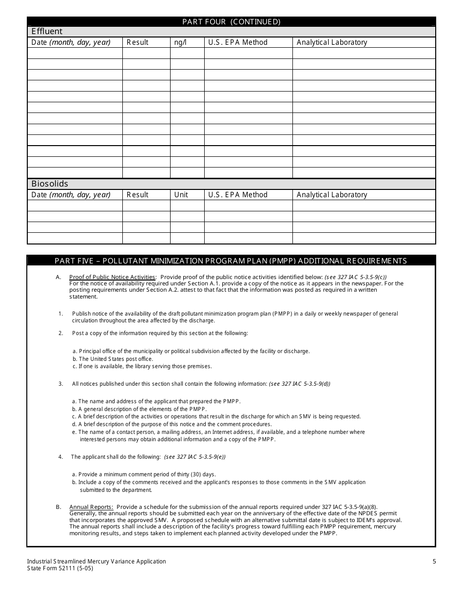 State Form 52111 Industrial Streamlined Mercury Variance (Smv) Application - Indiana, Page 5