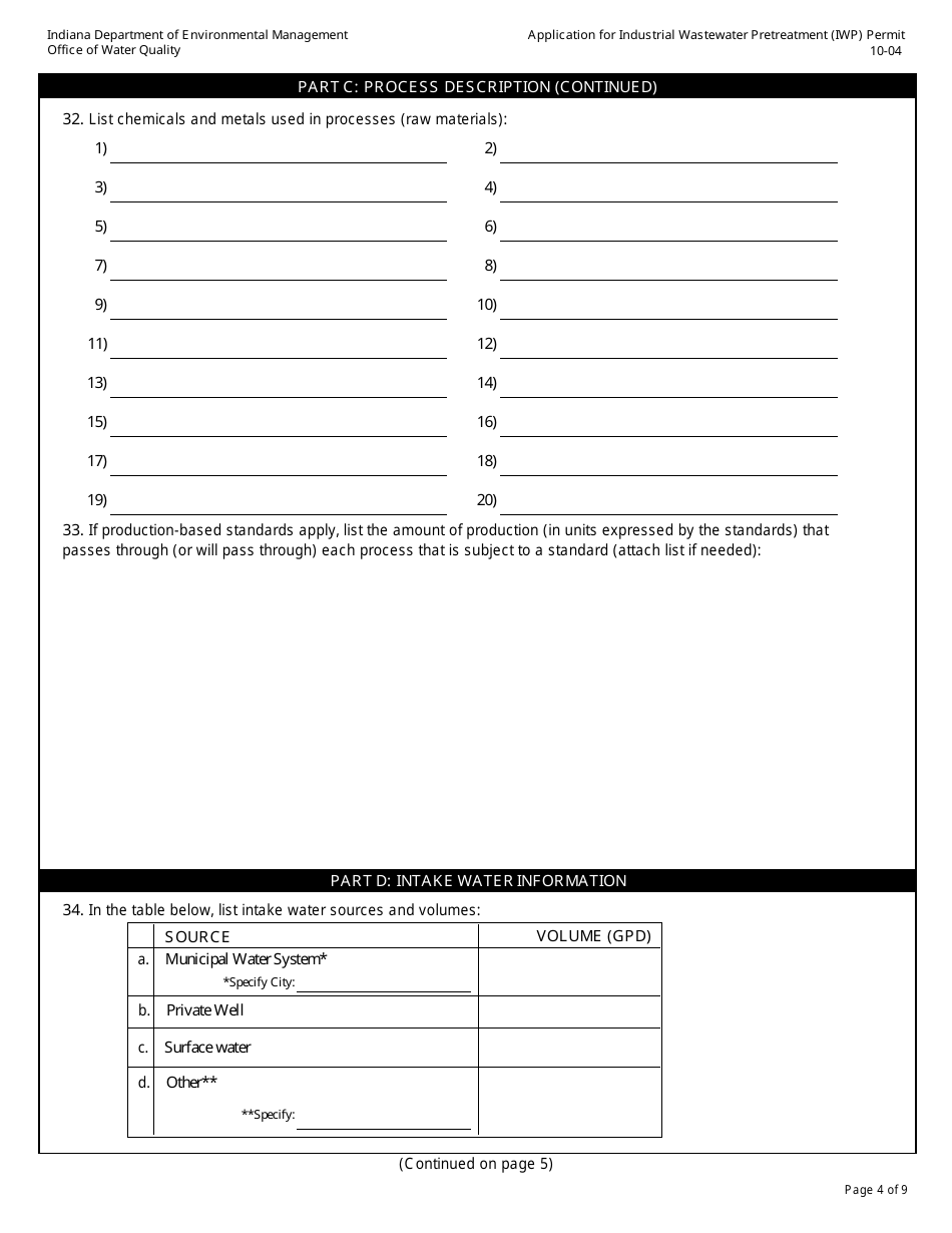 State Form 50271 Application for Industrial Wastewater Pretreatment (Iwp) Permit - Indiana, Page 4