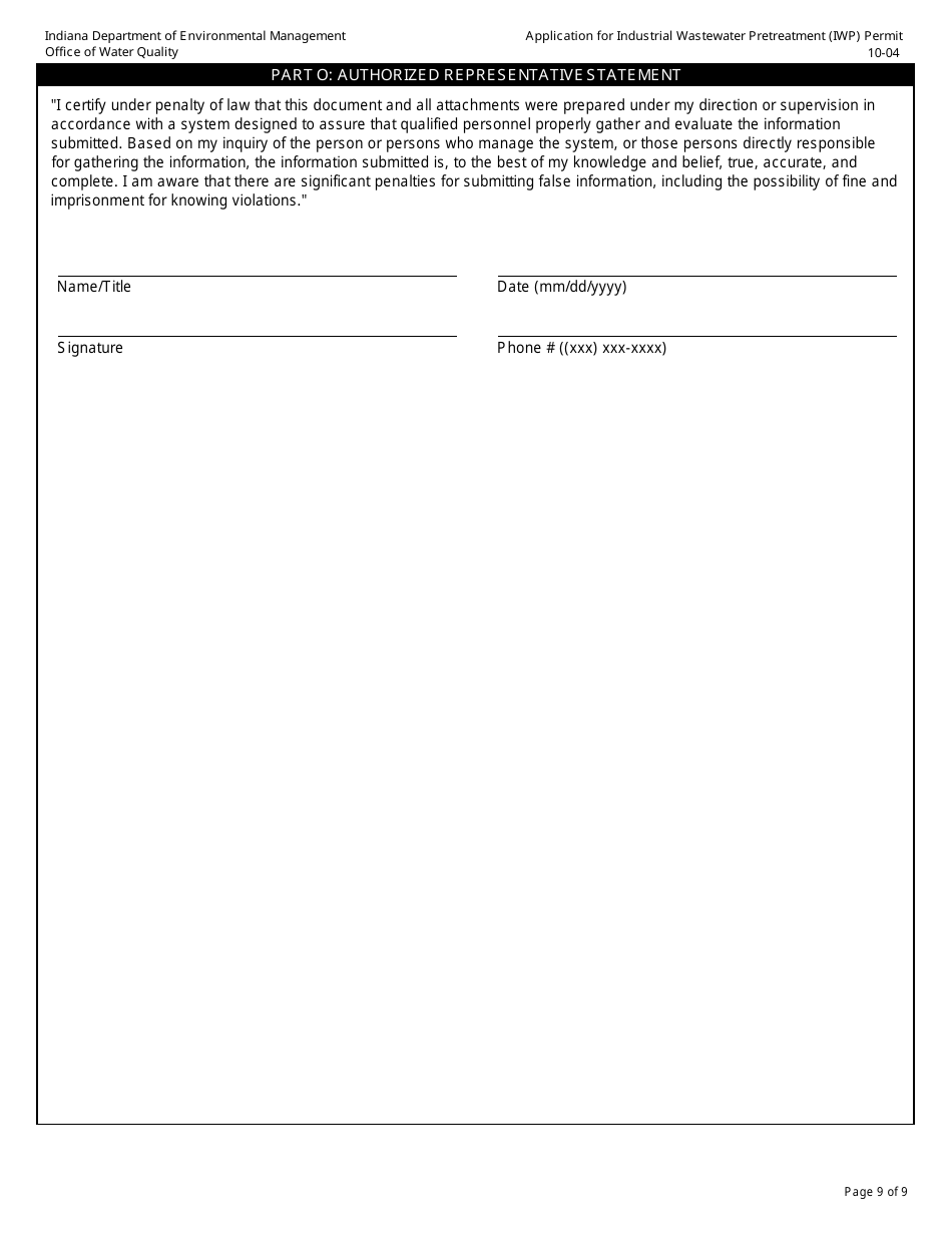 State Form 50271 Application for Industrial Wastewater Pretreatment (Iwp) Permit - Indiana, Page 9