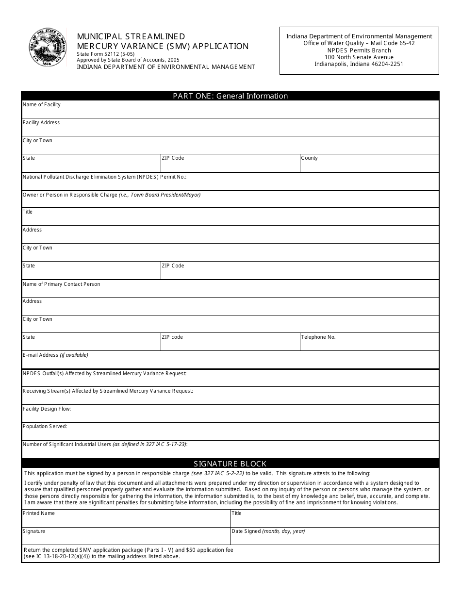 State Form 52112 Municipal Streamlined Mercury Variance (Smv) Application - Indiana, Page 1