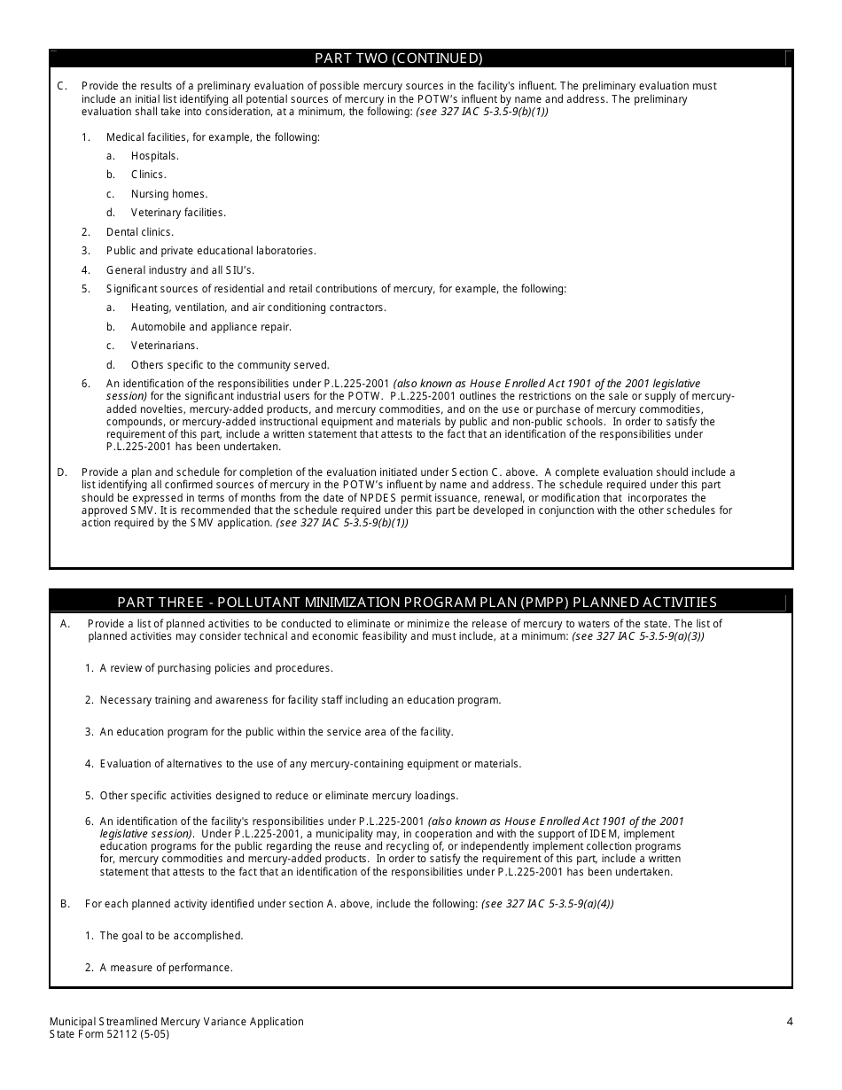 State Form 52112 Municipal Streamlined Mercury Variance (Smv) Application - Indiana, Page 4
