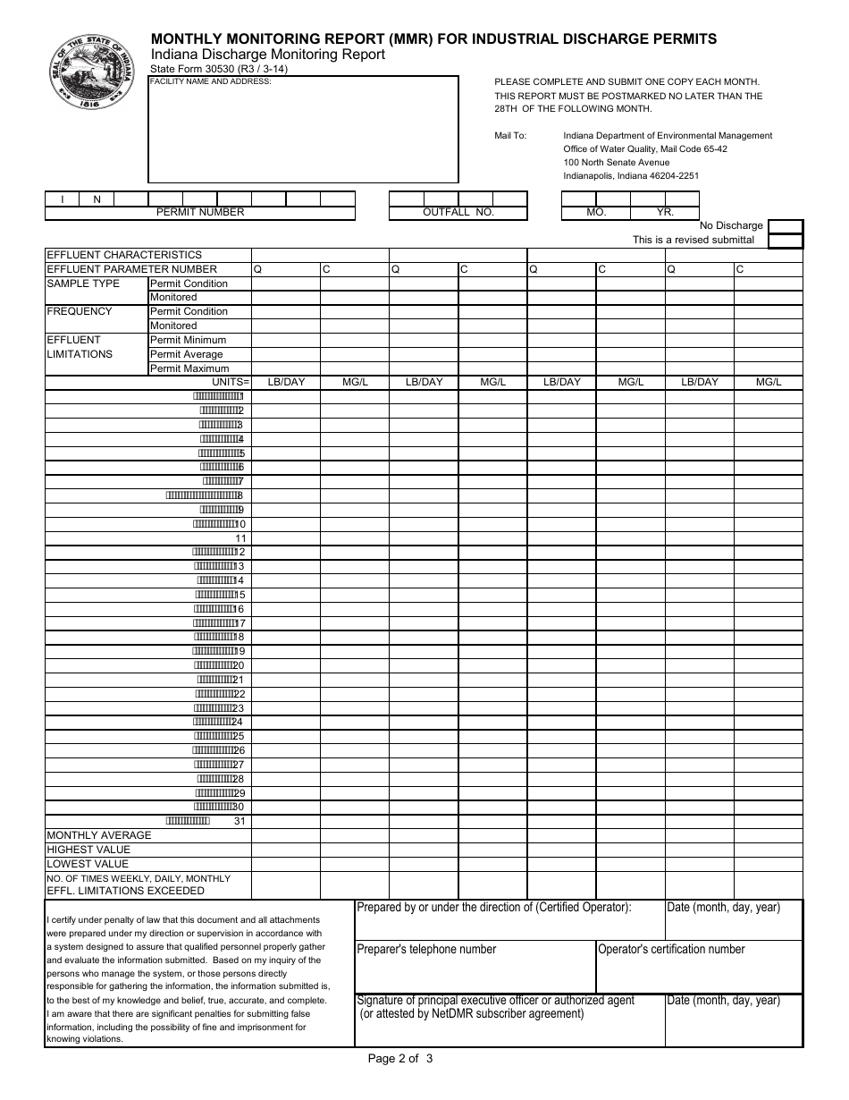 State Form 30530 Monthly Monitoring Report (Mmr) for Industrial Discharge Permits - Indiana, Page 3