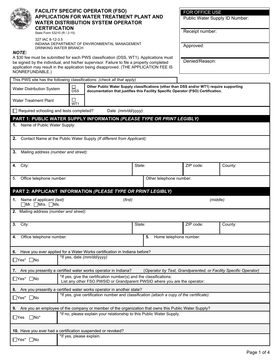 State Form 53210 Facility Specific Operator (Fso) Application for Water Treatment Plant and Water Distribution System Operator Certification - Indiana, Page 1