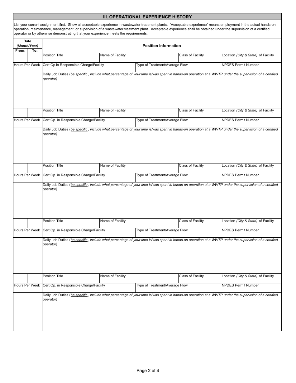 State Form 51494 Application for Provisional Wastewater Treatment Plant Operator Certification - Indiana, Page 2