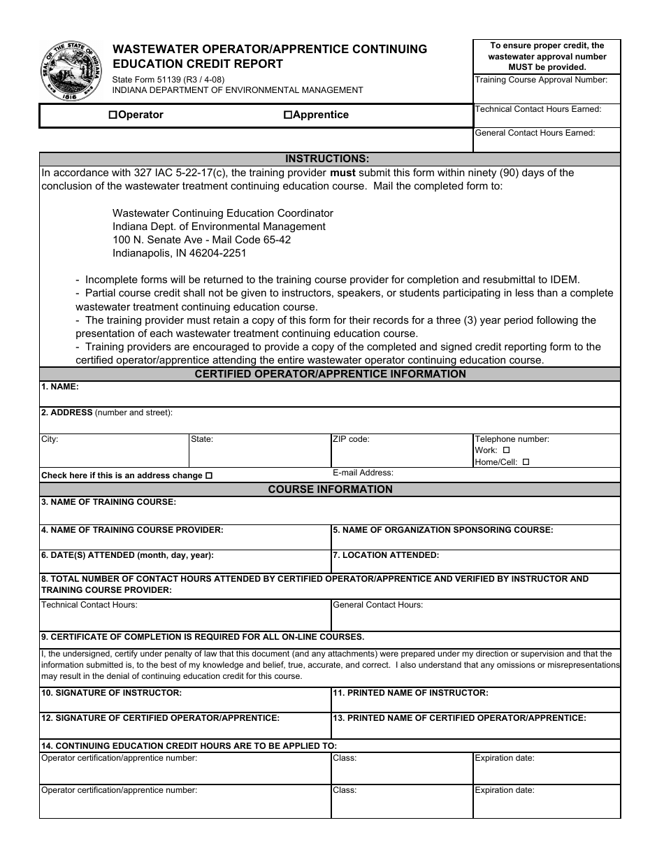 State Form 51139 Wastewater Operator / Apprentice Continuing Education Credit Report - Indiana, Page 1