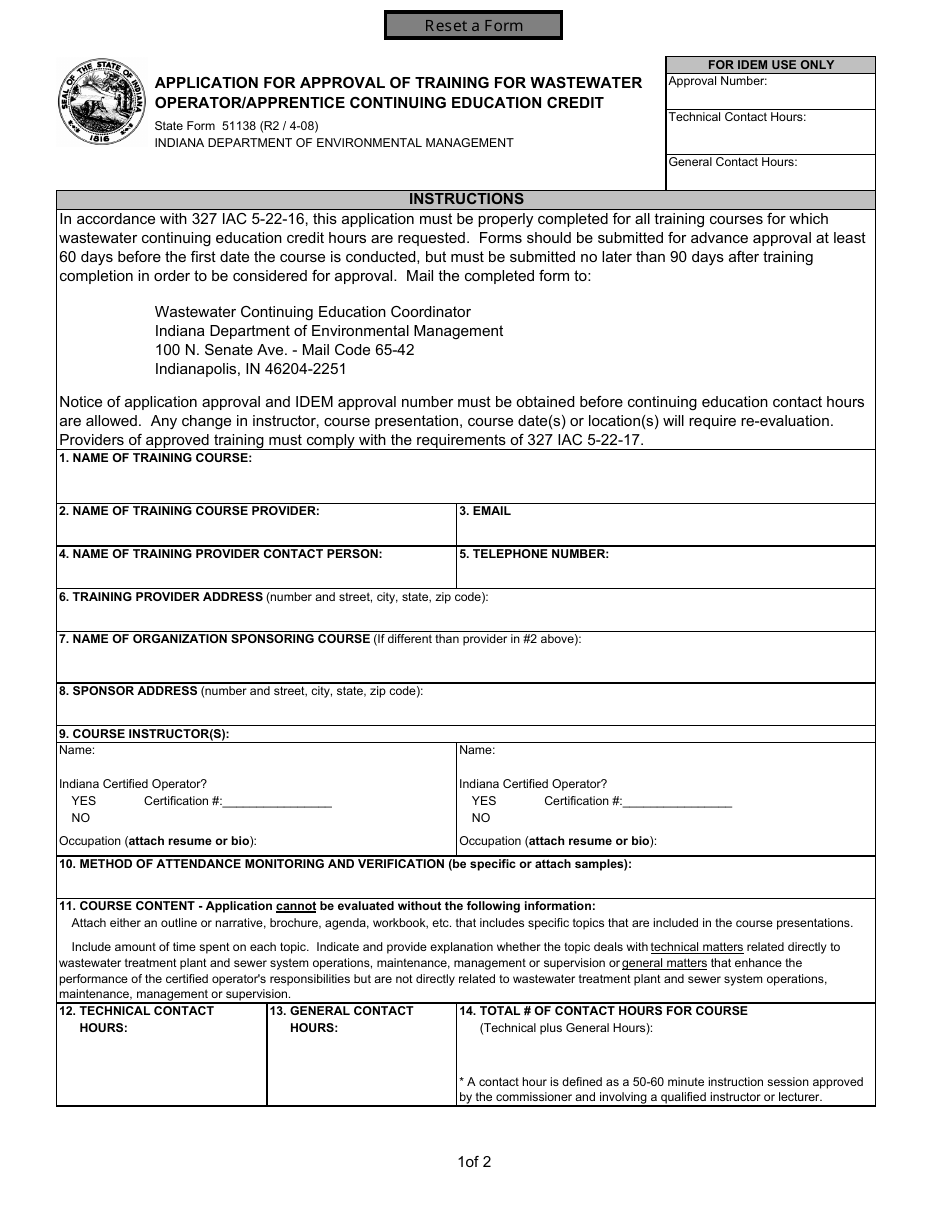 State Form 51138 Application for Approval of Training for Wastewater Operator / Apprentice Continuing Education Credit - Indiana, Page 1