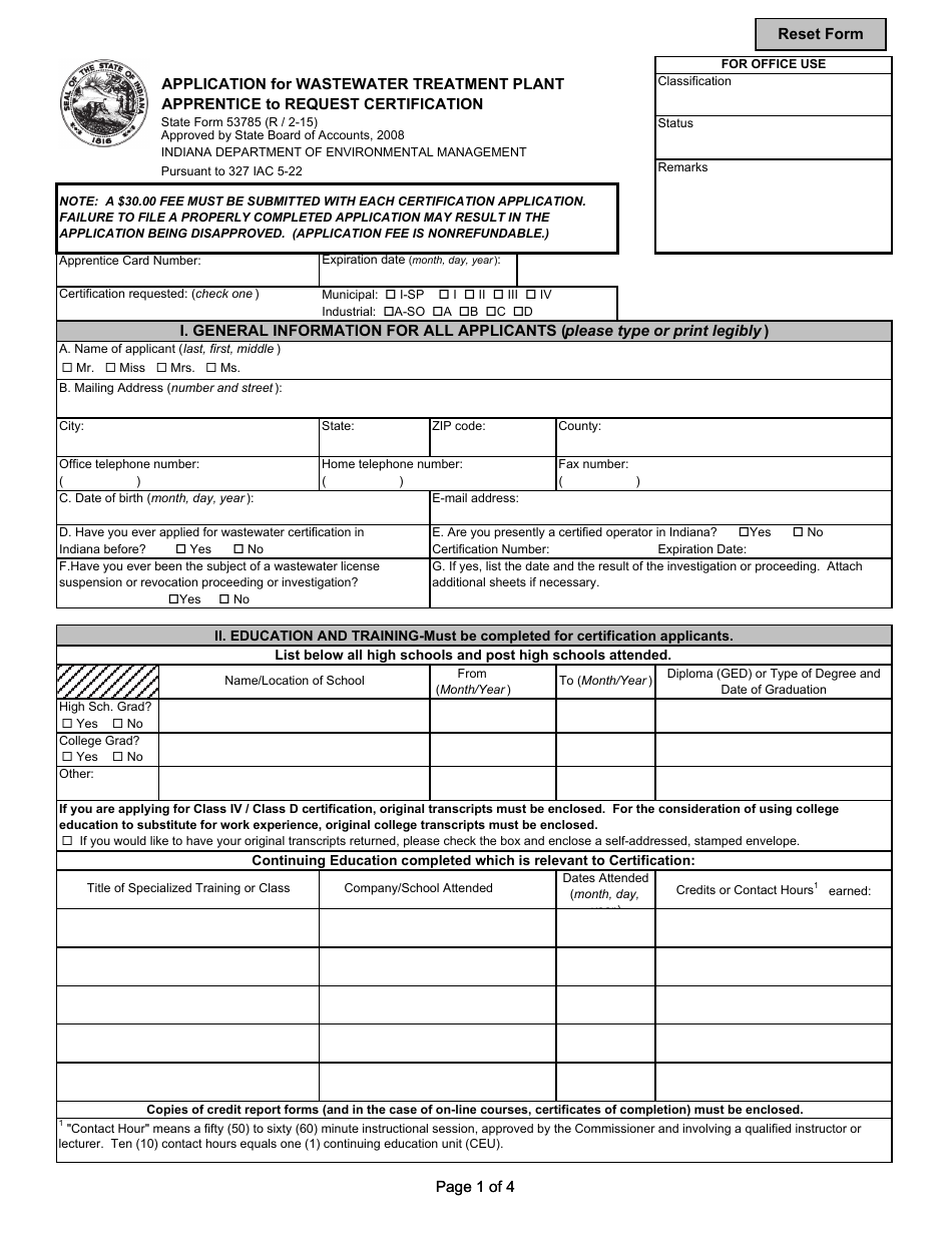 State Form 53785 Application for Wastewater Treatment Plant Apprentice to Request Certification - Indiana, Page 1
