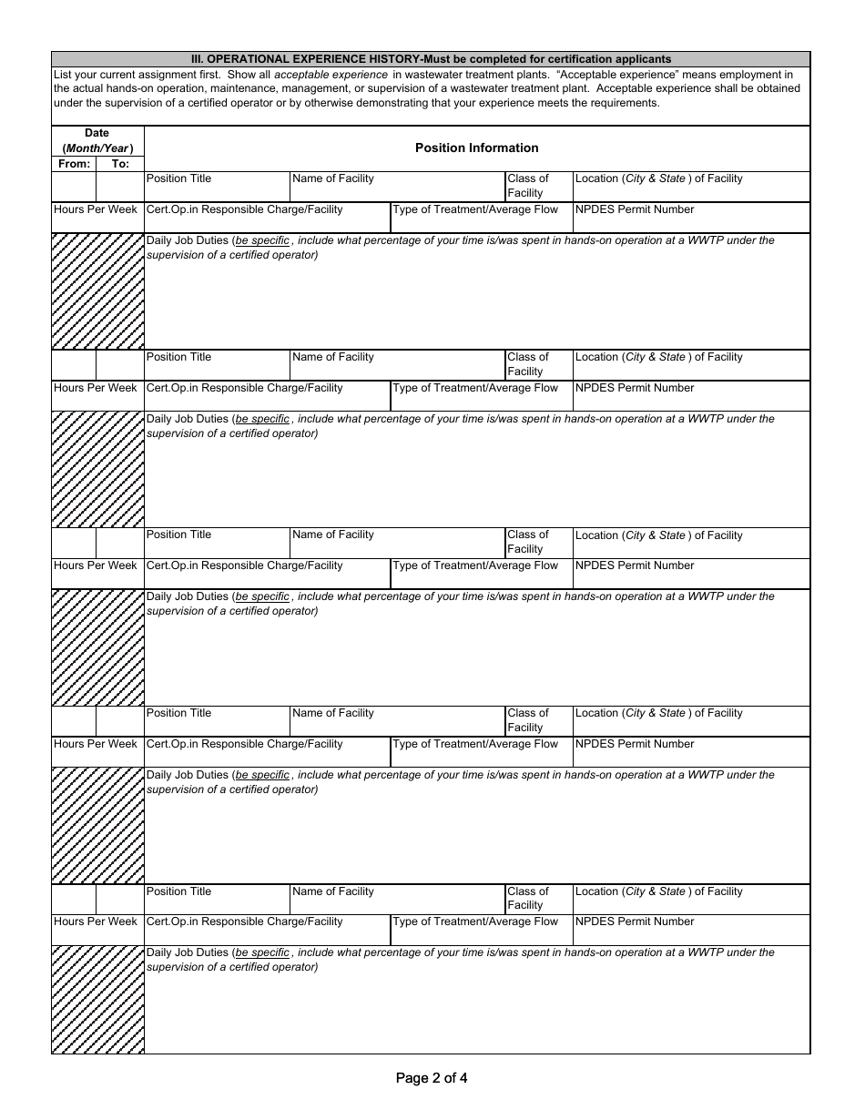 State Form 53785 Application for Wastewater Treatment Plant Apprentice to Request Certification - Indiana, Page 2