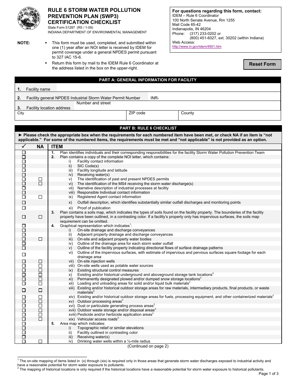 State Form 51287 Rule 6 Storm Water Pollution Prevention Plan (Swp3) Certification Checklist - Indiana, Page 1