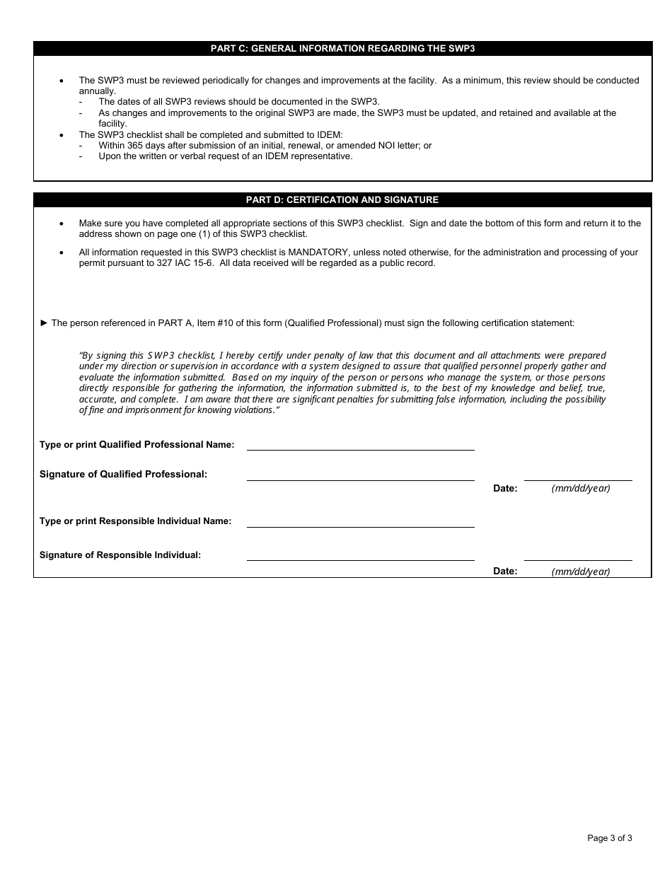 State Form 51287 Rule 6 Storm Water Pollution Prevention Plan (Swp3) Certification Checklist - Indiana, Page 3