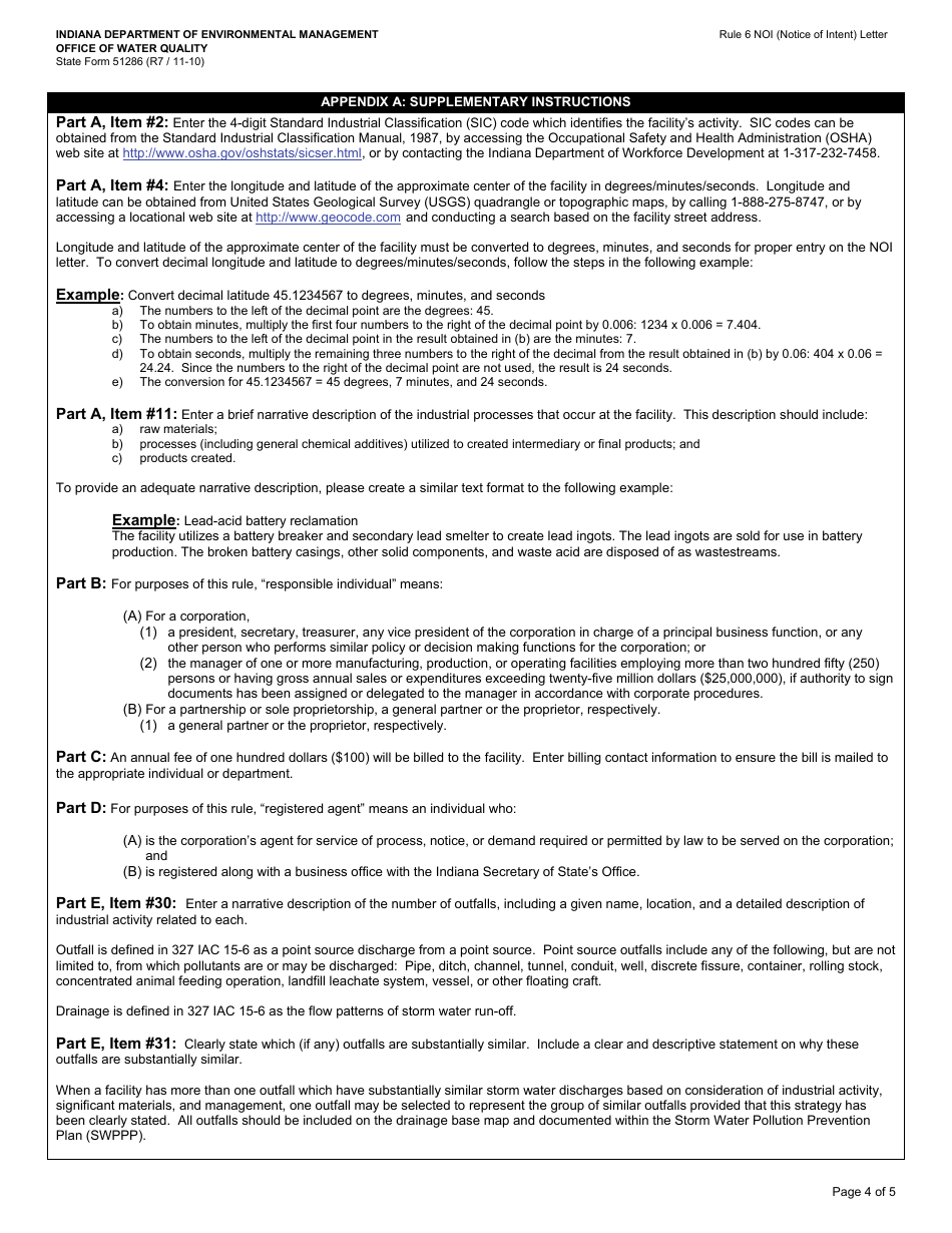 State Form 51286 Rule 6 Notice of Intent (Noi) Letter - Indiana, Page 4