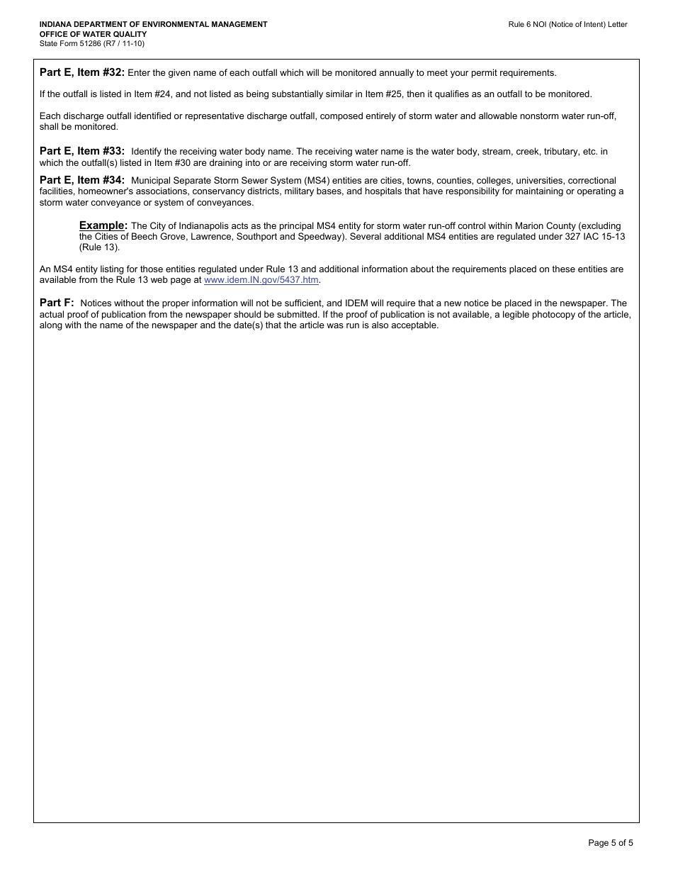 State Form 51286 Rule 6 Notice of Intent (Noi) Letter - Indiana, Page 5