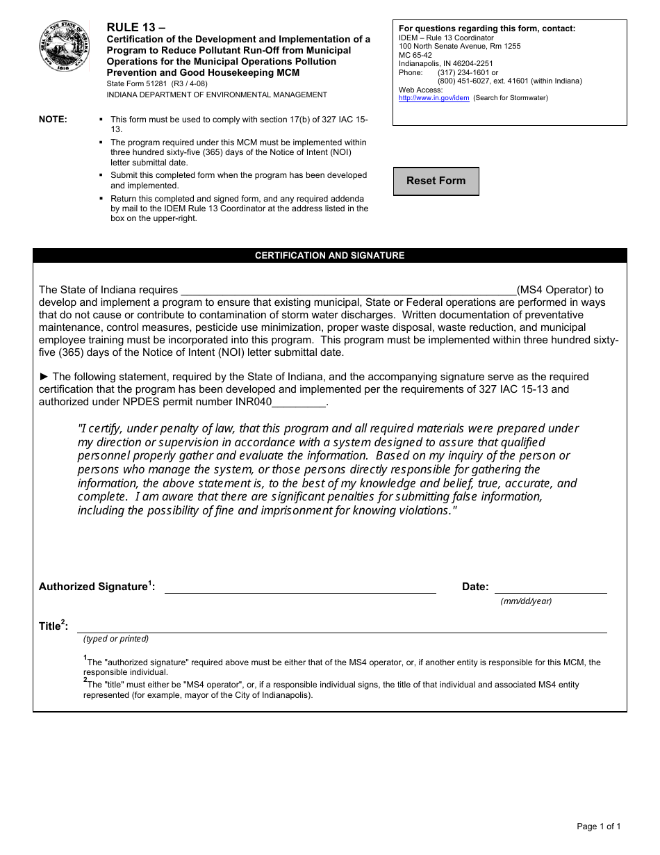State Form 51281 Rule 13 - Certification of the Development and Implementation of a Program to Reduce Pollutant Run-Off From Municipal Operations for the Municipal Operations Pollution Prevention and Good Housekeeping Mcm - Indiana, Page 1