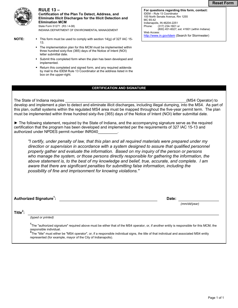 State Form 51271 Rule 13 - Certification of the Plan to Detect, Address, and Eliminate Illicit Discharges for the Illicit Detection and Elimination Mcm - Indiana, Page 1