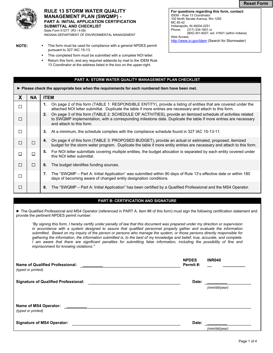 State Form 51277 Rule 13 Storm Water Quality Management Plan (Swqmp) - Part a: Initial Application Certification Submittal and Checklist - Indiana, Page 1