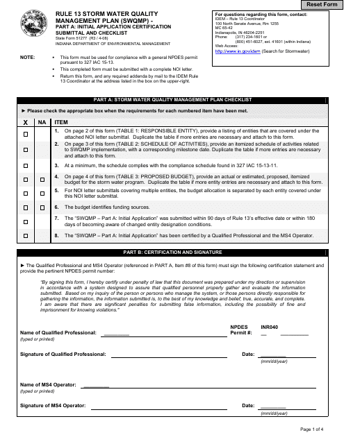 State Form 51277 Rule 13 Storm Water Quality Management Plan (Swqmp) - Part a: Initial Application Certification Submittal and Checklist - Indiana