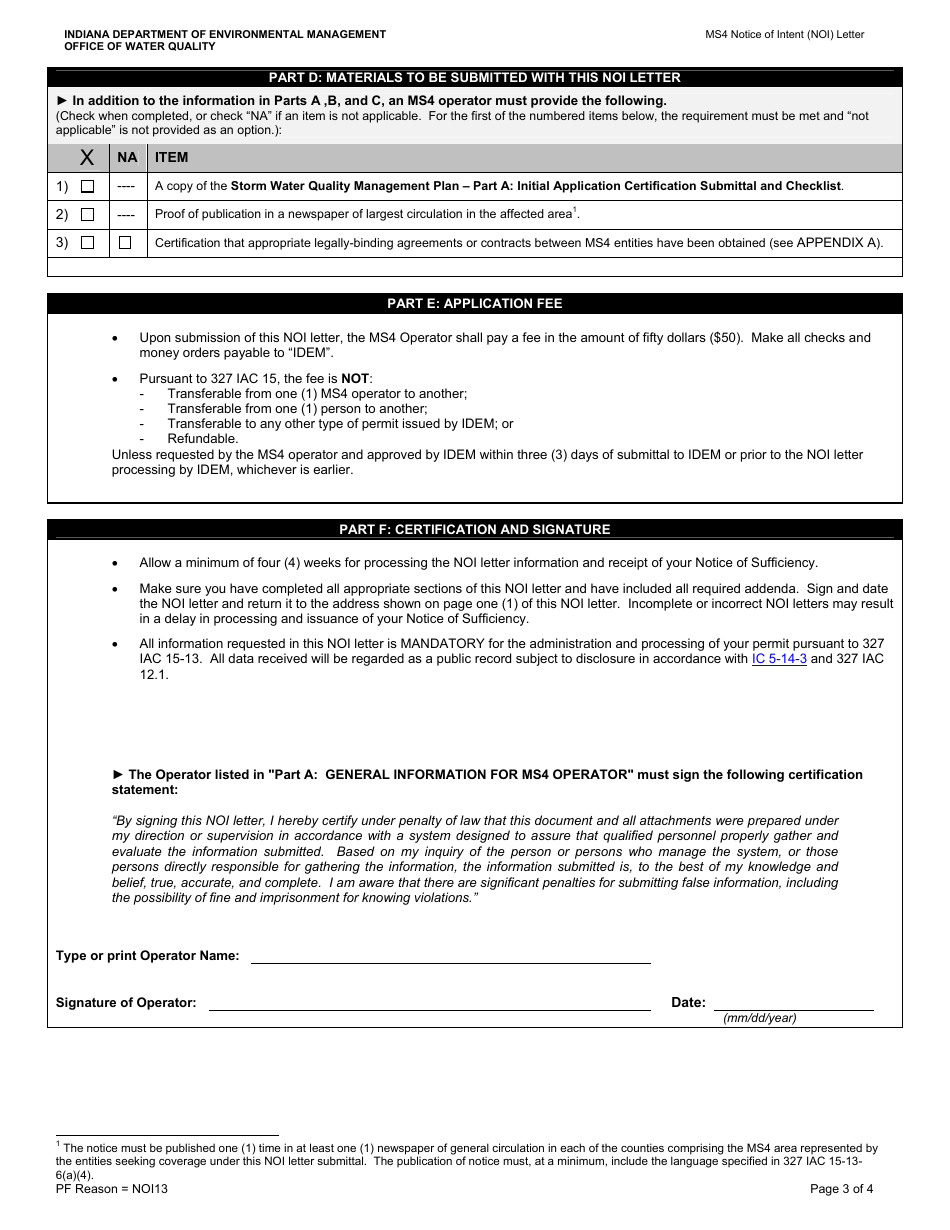 State Form 51270 Rule 13 Notice of Intent (Noi) Letter - Indiana, Page 3