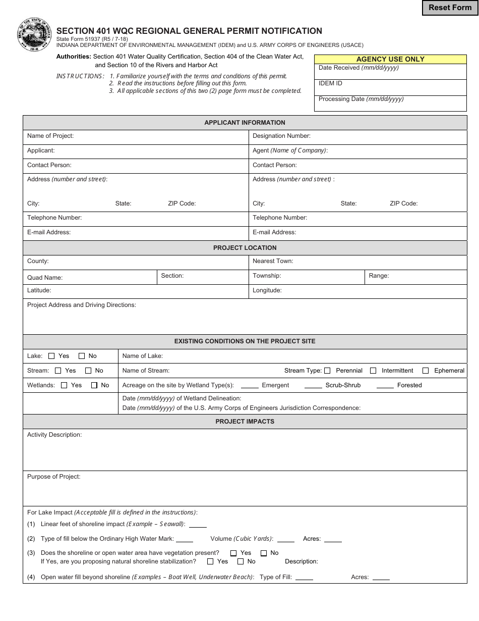 State Form 51937 Section 401 Wqc Regional General Permit Notification - Indiana, Page 1