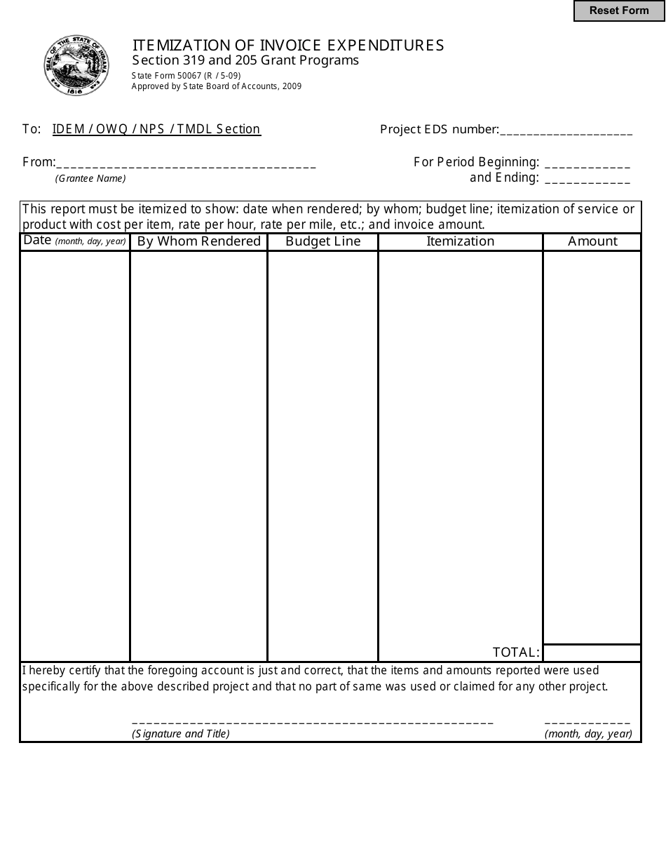 State Form 50067 Itemization of Invoice Expenditures - Section 319 and 205 Grant Programs - Indiana, Page 1