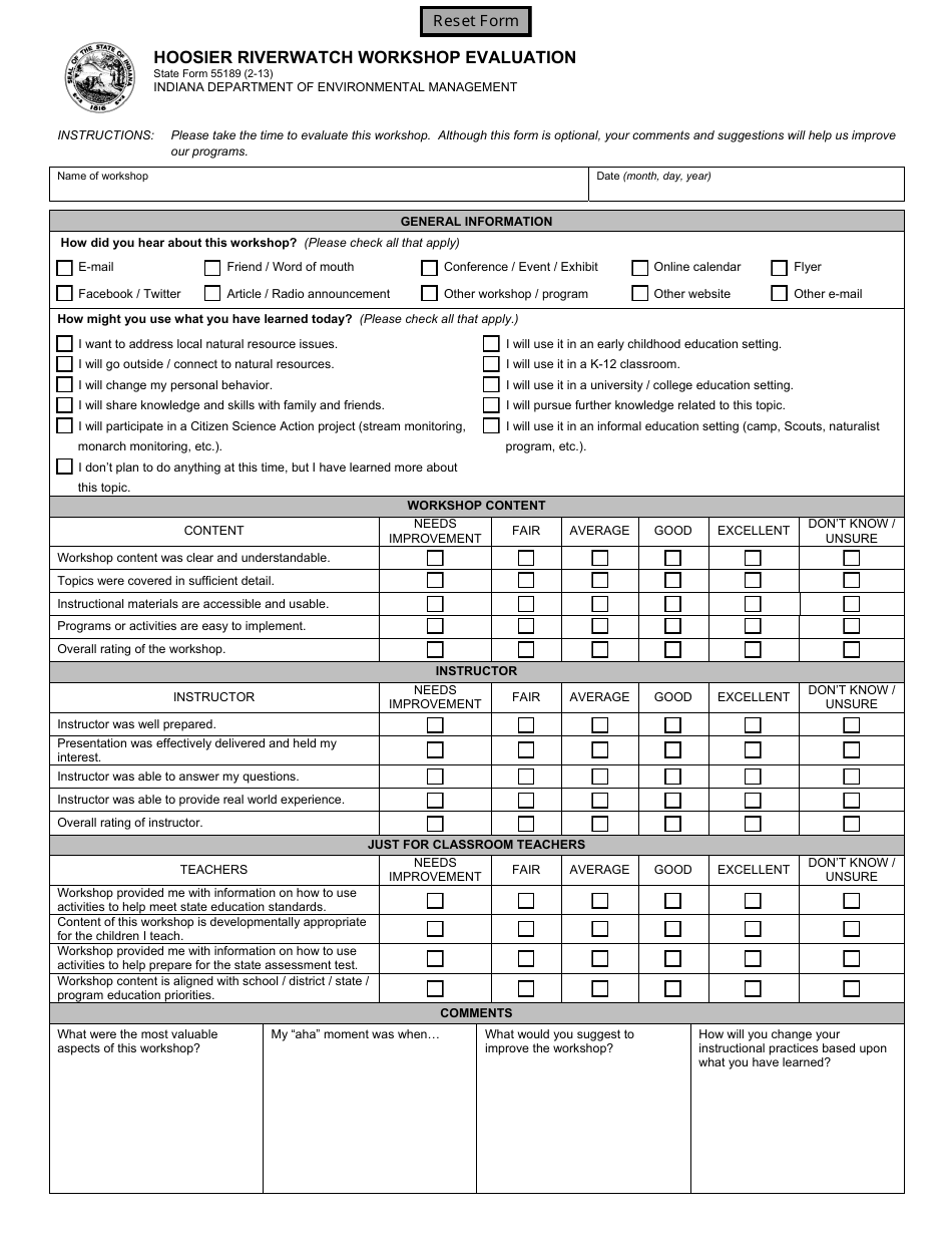 State Form 55189 Hoosier Riverwatch Workshop Evaluation - Indiana, Page 1