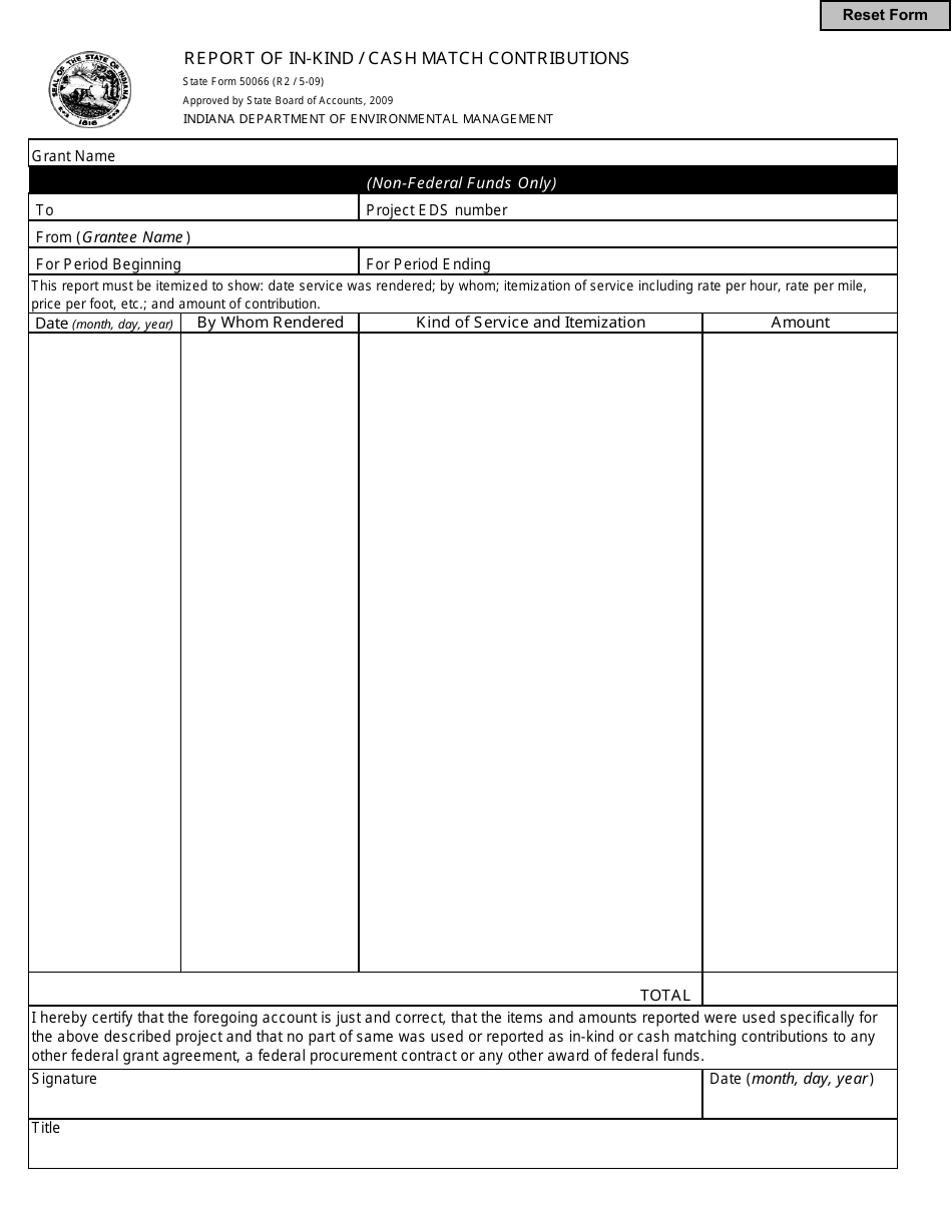 State Form 50066 Report of in-Kind / Cash Match Contributions - Indiana, Page 1