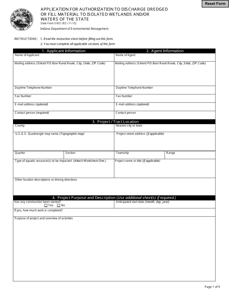 State Form 51821 Application for Authorization to Discharge Dredged or Fill Material to Isolated Wetlands and / or Waters of the State - Indiana, Page 1