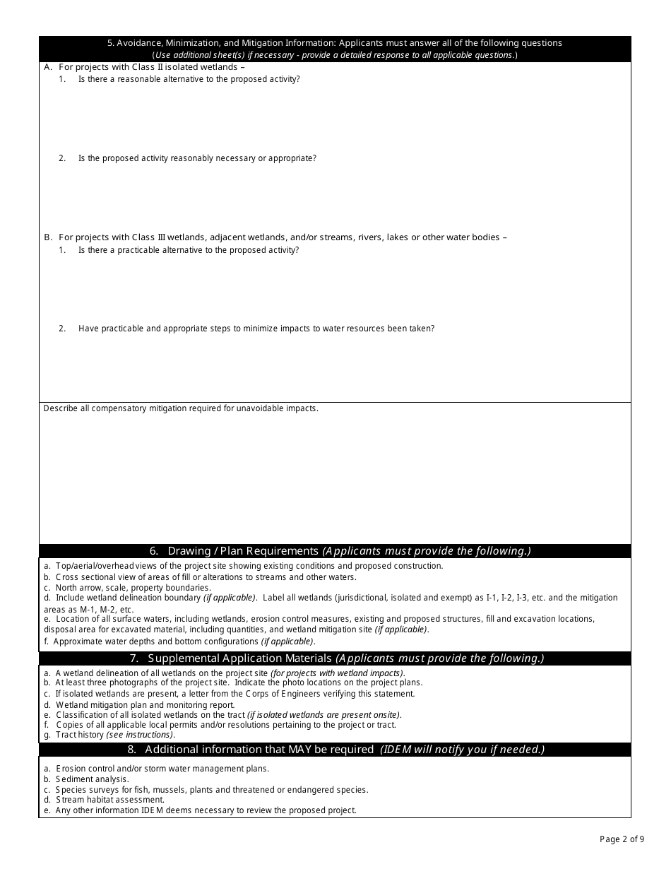 State Form 51821 Application for Authorization to Discharge Dredged or Fill Material to Isolated Wetlands and / or Waters of the State - Indiana, Page 2