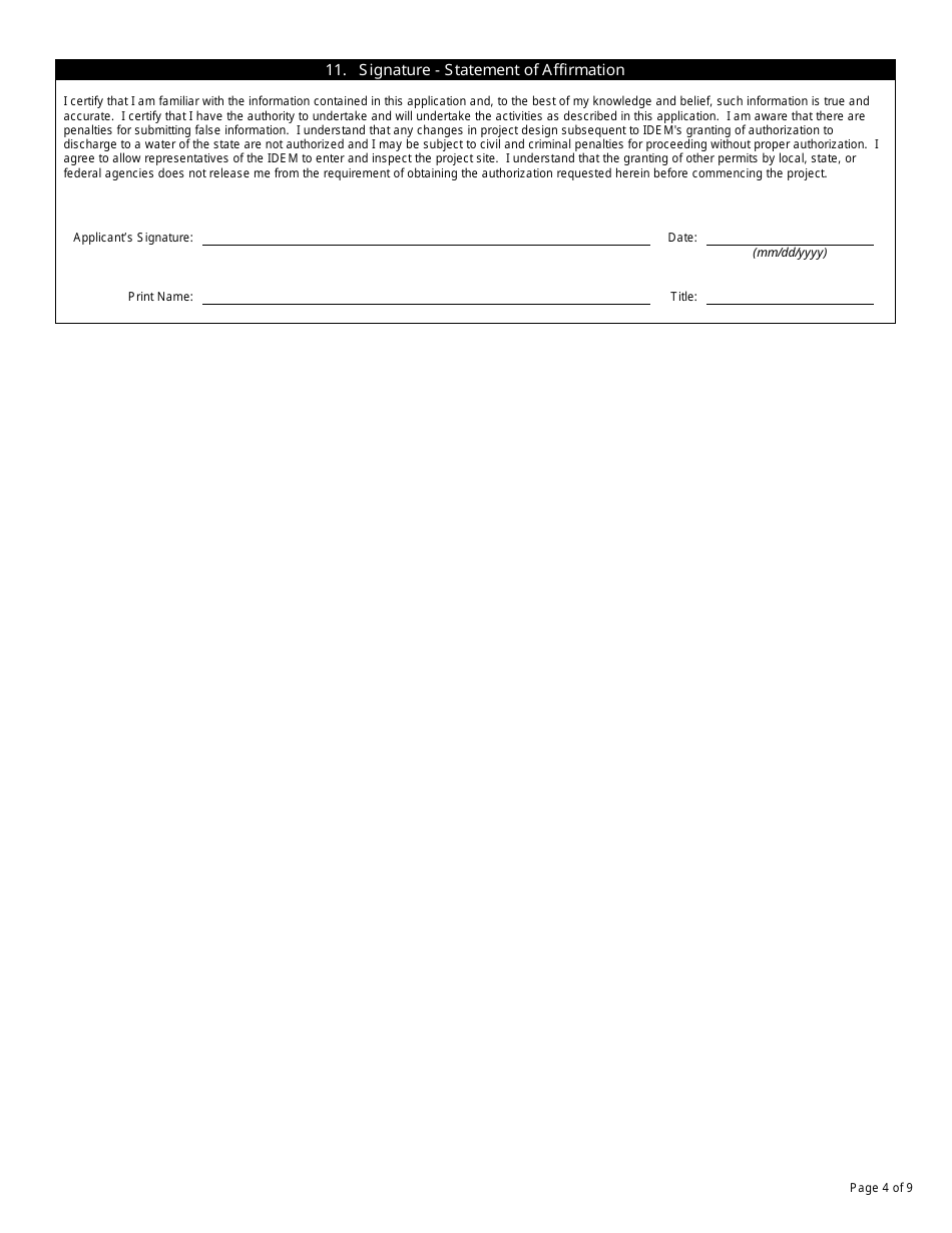 State Form 51821 Application for Authorization to Discharge Dredged or Fill Material to Isolated Wetlands and / or Waters of the State - Indiana, Page 4