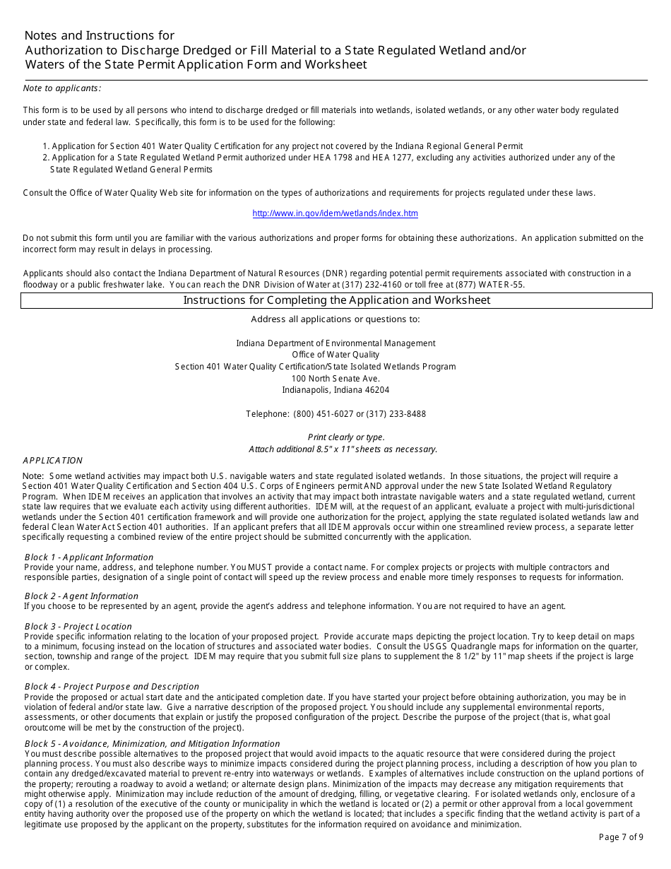 State Form 51821 Application for Authorization to Discharge Dredged or Fill Material to Isolated Wetlands and / or Waters of the State - Indiana, Page 7