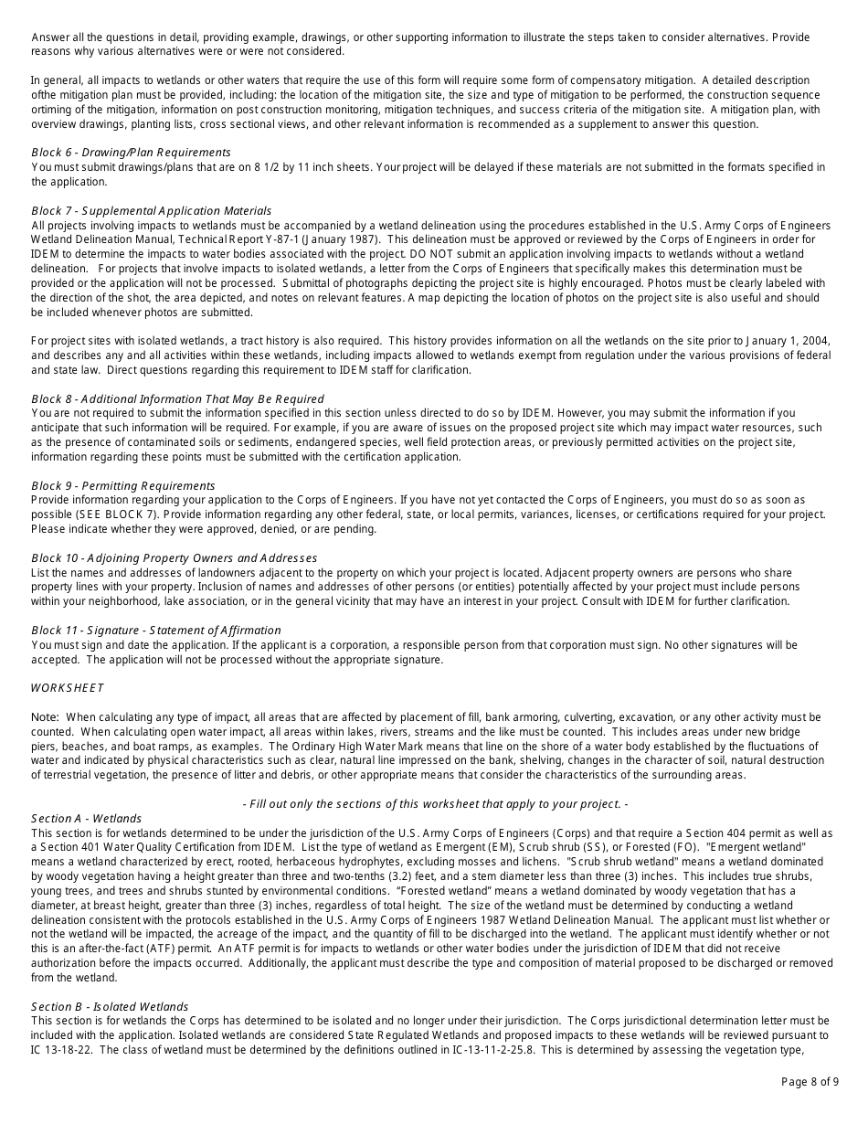 State Form 51821 Application for Authorization to Discharge Dredged or Fill Material to Isolated Wetlands and / or Waters of the State - Indiana, Page 8
