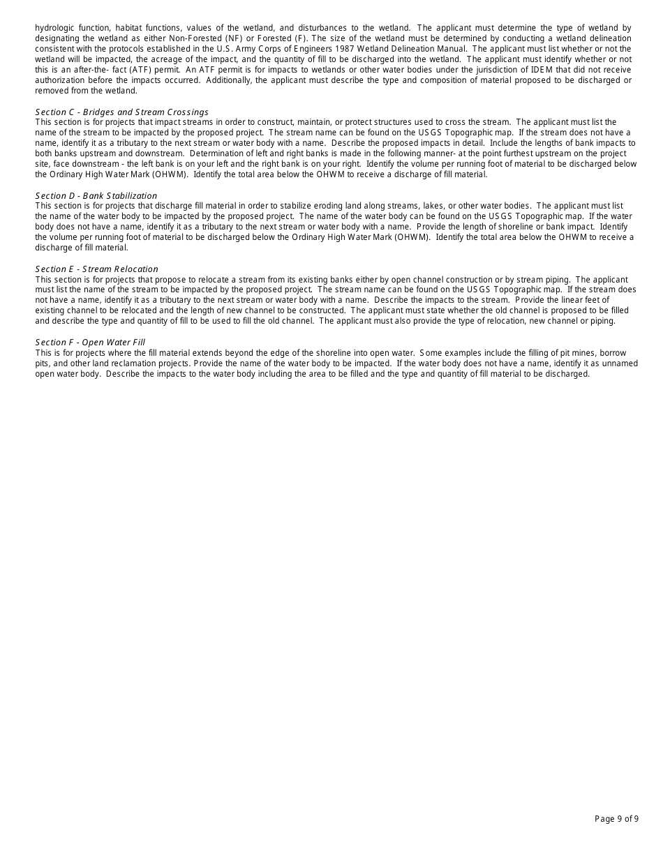 State Form 51821 Application for Authorization to Discharge Dredged or Fill Material to Isolated Wetlands and / or Waters of the State - Indiana, Page 9