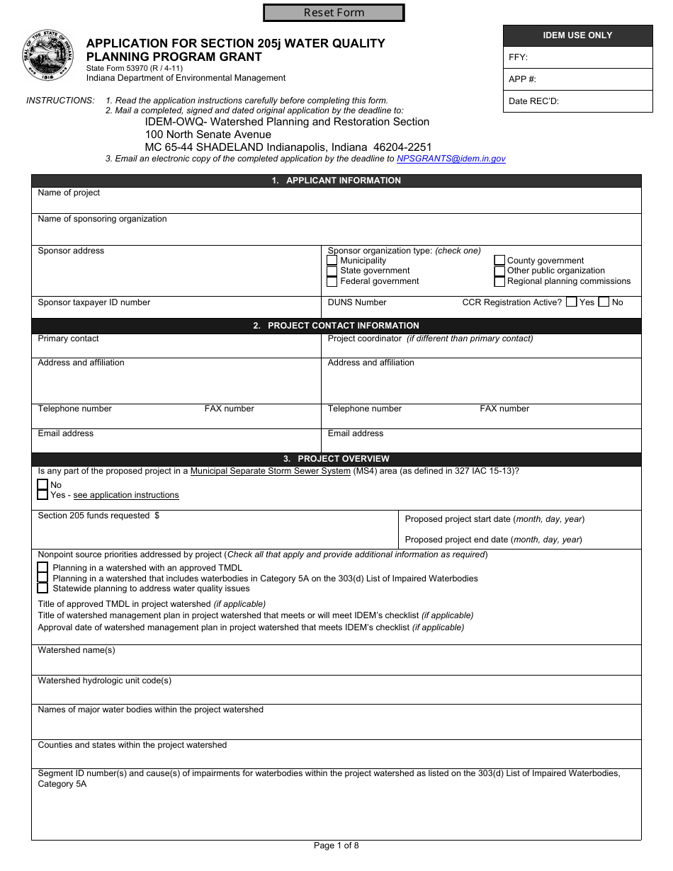 State Form 53970 Application for Section 205j Water Quality Planning Program Grant - Indiana, Page 1